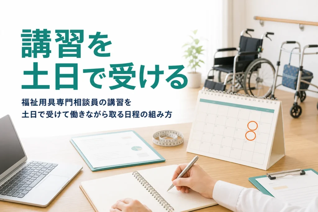 福祉用具専門相談員の講習を土日で受ける時の、働きながら取る日程の組み方を解説する記事のアイキャッチ