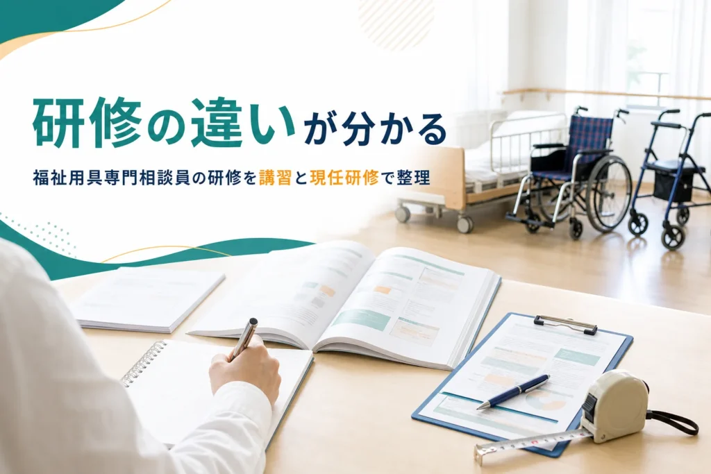 福祉用具専門相談員の研修を、指定講習・養成研修・現任研修の違いで解説する記事のアイキャッチ