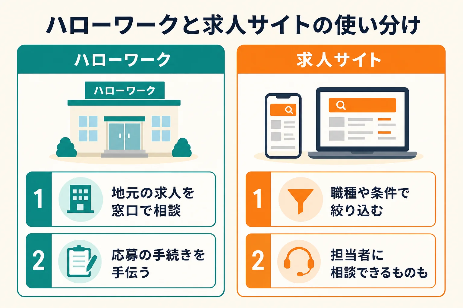 福祉用具専門相談員の求人を探す場所として、ハローワークと介護専門の求人サイトの得意なことを並べた図解