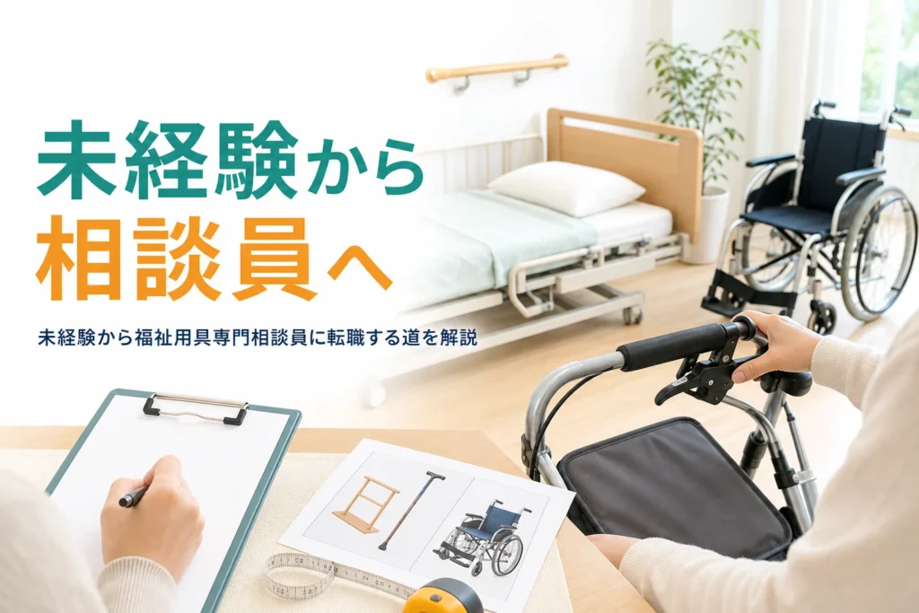 未経験から福祉用具専門相談員に転職する方法を、資格・運転・覚えることの順に解説する記事のアイキャッチ