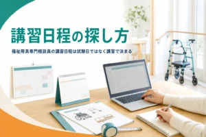 福祉用具専門相談員の講習日程の探し方と、試験日（修了評価）の考え方を解説する記事のアイキャッチ