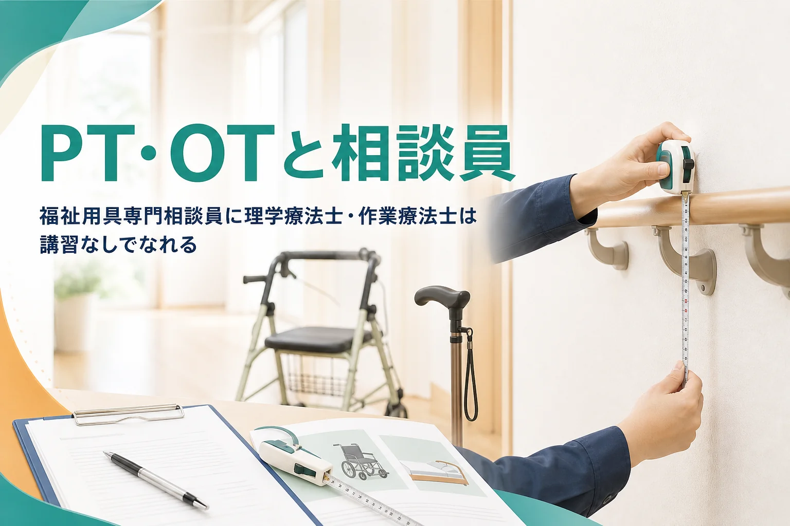 理学療法士・作業療法士が福祉用具専門相談員に講習なしでなれることと、役割の違いを紹介する記事のアイキャッチ