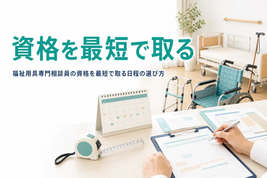 福祉用具専門相談員の資格を最短で取るための講習の日程の選び方を解説する記事のアイキャッチ