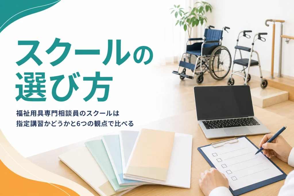 福祉用具専門相談員の講習スクールを、指定講習かどうかと会場・日程・形式などの観点で選ぶ方法を解説する記事のアイキャッチ