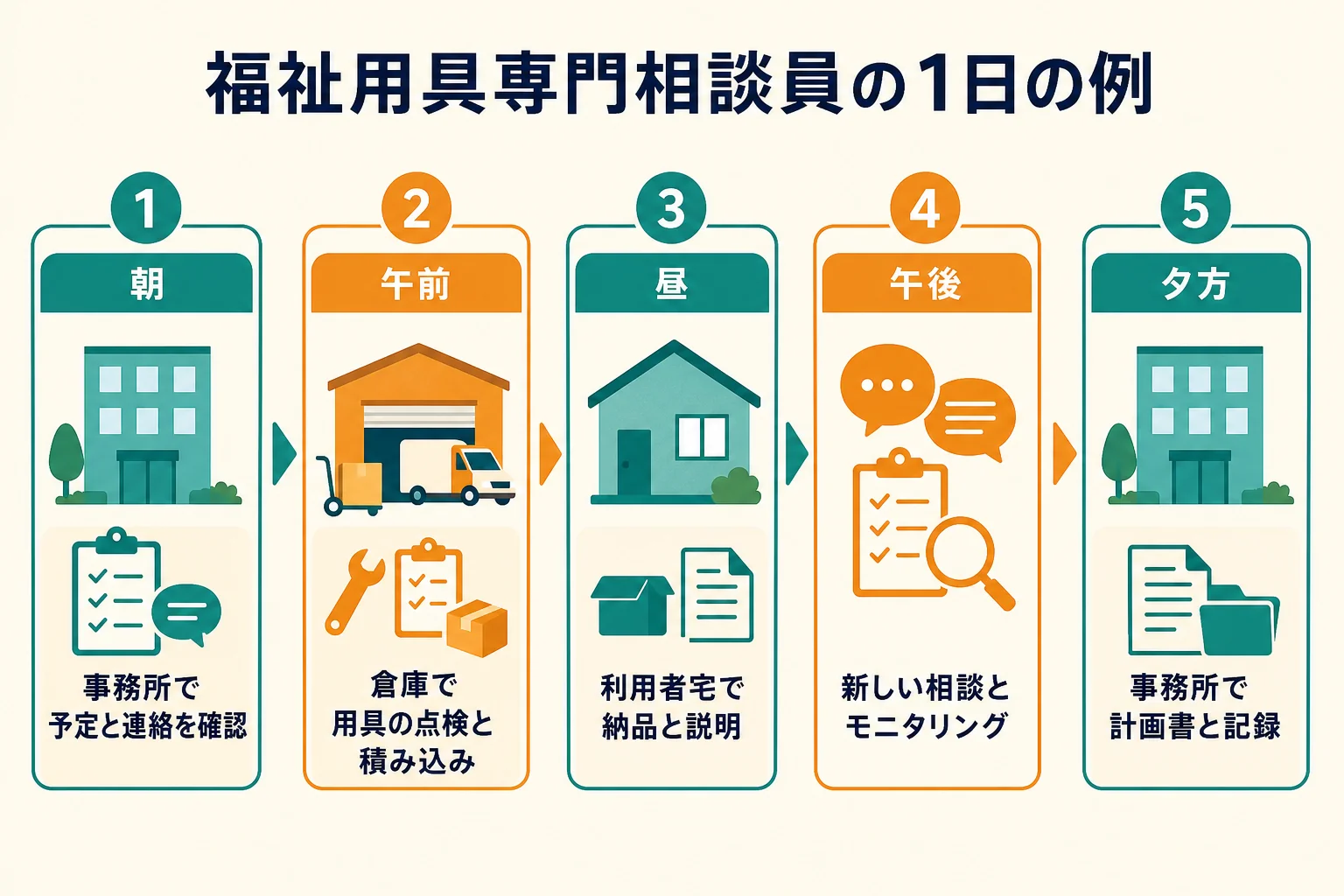 福祉用具専門相談員の1日を、事務所・倉庫・利用者宅を行き来する流れで示した図解