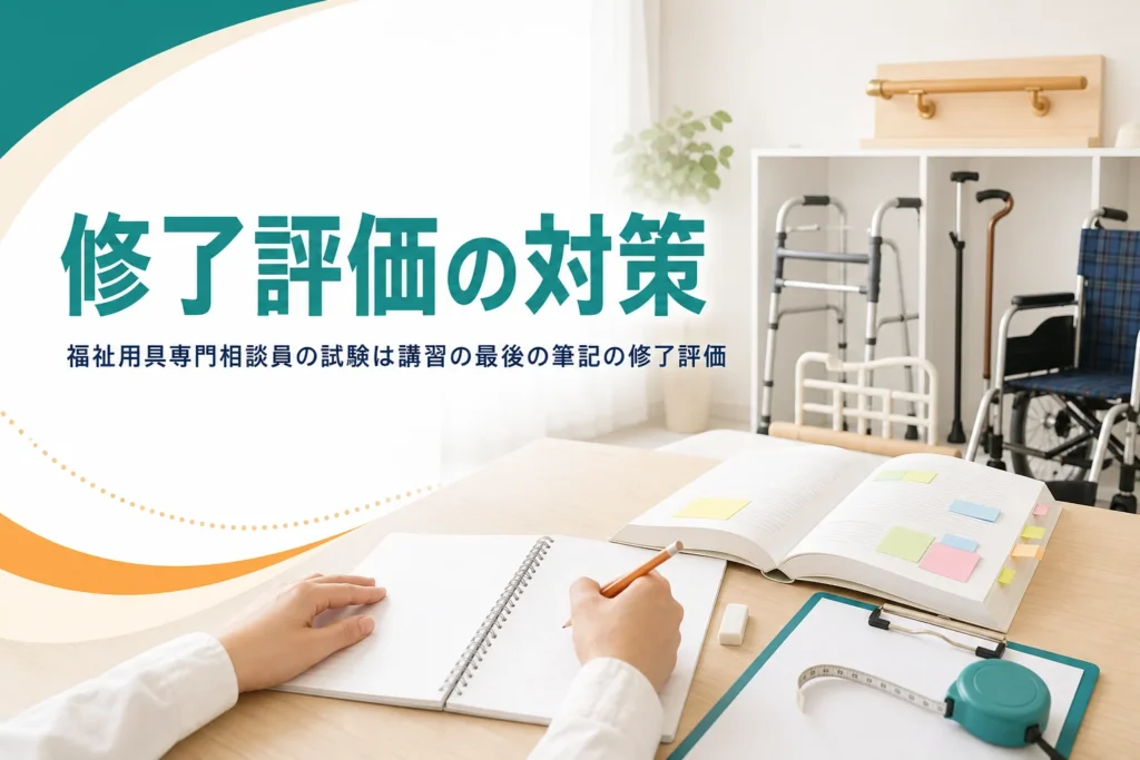 福祉用具専門相談員の試験（修了評価）の内容と難易度、対策を解説する記事のアイキャッチ