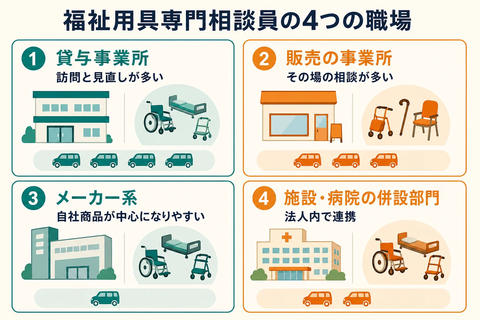 福祉用具専門相談員の職場を、貸与事業所・販売店・メーカー系・介護施設や病院の併設部門の4つに分け、外回りの多さと扱う用具の幅を比べた図解