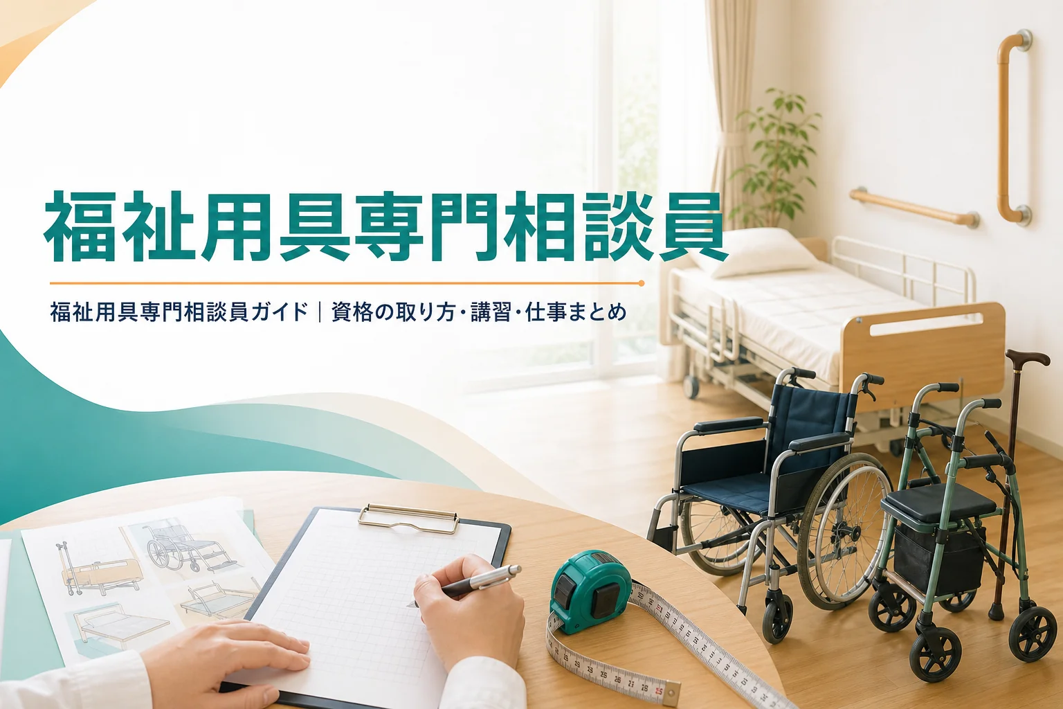 福祉用具専門相談員ガイドのトップページのアイキャッチ。介護ベッドや車いす、手すりが置かれた明るい室内とクリップボード