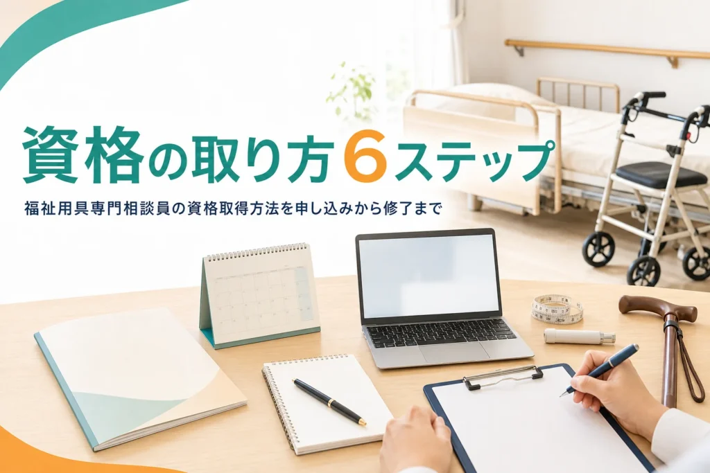 福祉用具専門相談員の資格取得方法を、申し込みから修了までの手順で解説する記事のアイキャッチ